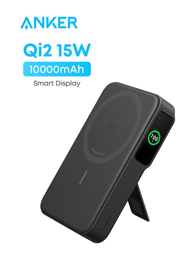 10000 mAh 10000 mAh MagGo Power Bank, Qi2 Certified 15W Ultra-Fast MagSafe-Compatible Portable Charger, 10,000mAh Battery Pack with Smart Display and Foldable Stand, For iPhone 16/15/14/13 Only(USB-C Cable Include) Black