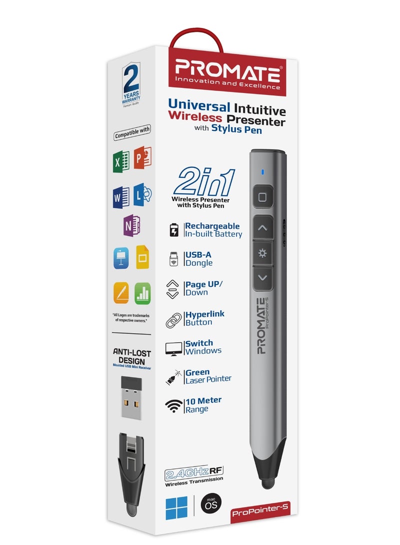 بروميت - 2-in-1 Wireless Presenter with Multifunctional Stylus, 2.4GHz RF Connectivity, Brilliant Green 200m Laser Pointer, 50m Range, One-Touch Control Grey - Image 1