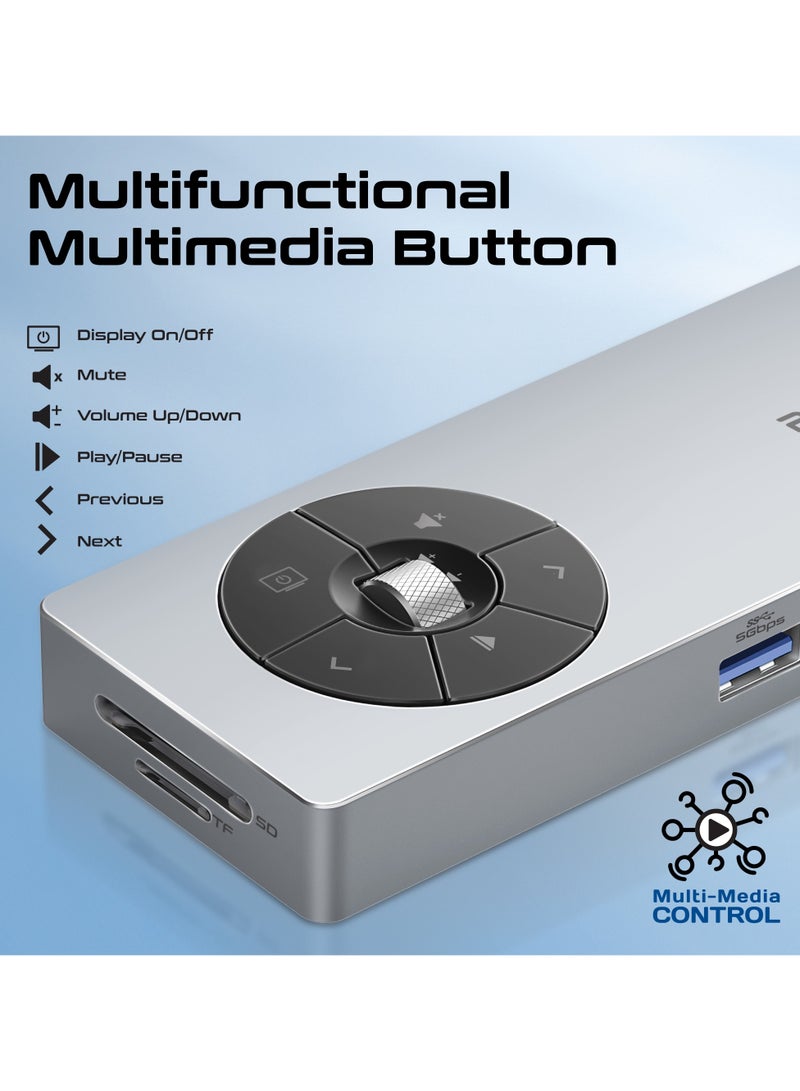 14-in-1 High Speed ​​Multiport USB-C Hub, Dual 5Gbps USB-C / A Ports, 100W USB-C Power Delivery, 1000Mbps Ethernet Port, 4K@60Hz HDMI Port With Control Button, SD/TF Card Slots Grey