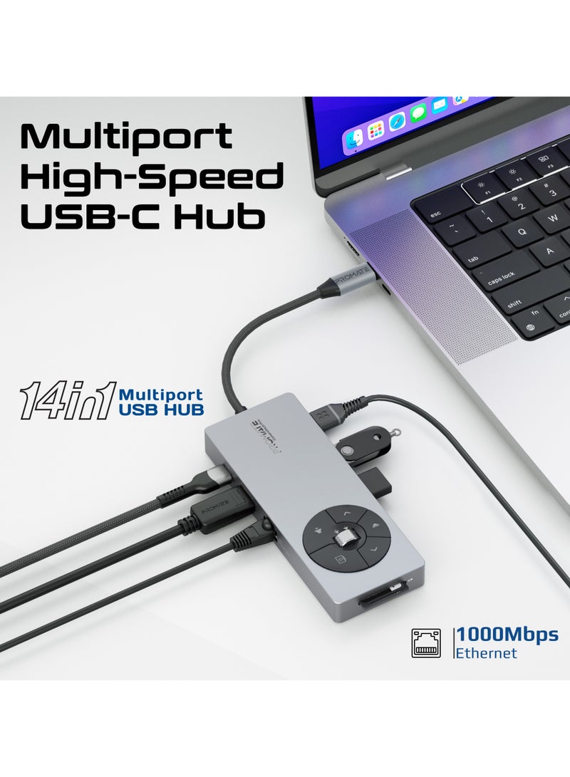 14-in-1 High Speed ​​Multiport USB-C Hub, Dual 5Gbps USB-C / A Ports, 100W USB-C Power Delivery, 1000Mbps Ethernet Port, 4K@60Hz HDMI Port With Control Button, SD/TF Card Slots Grey