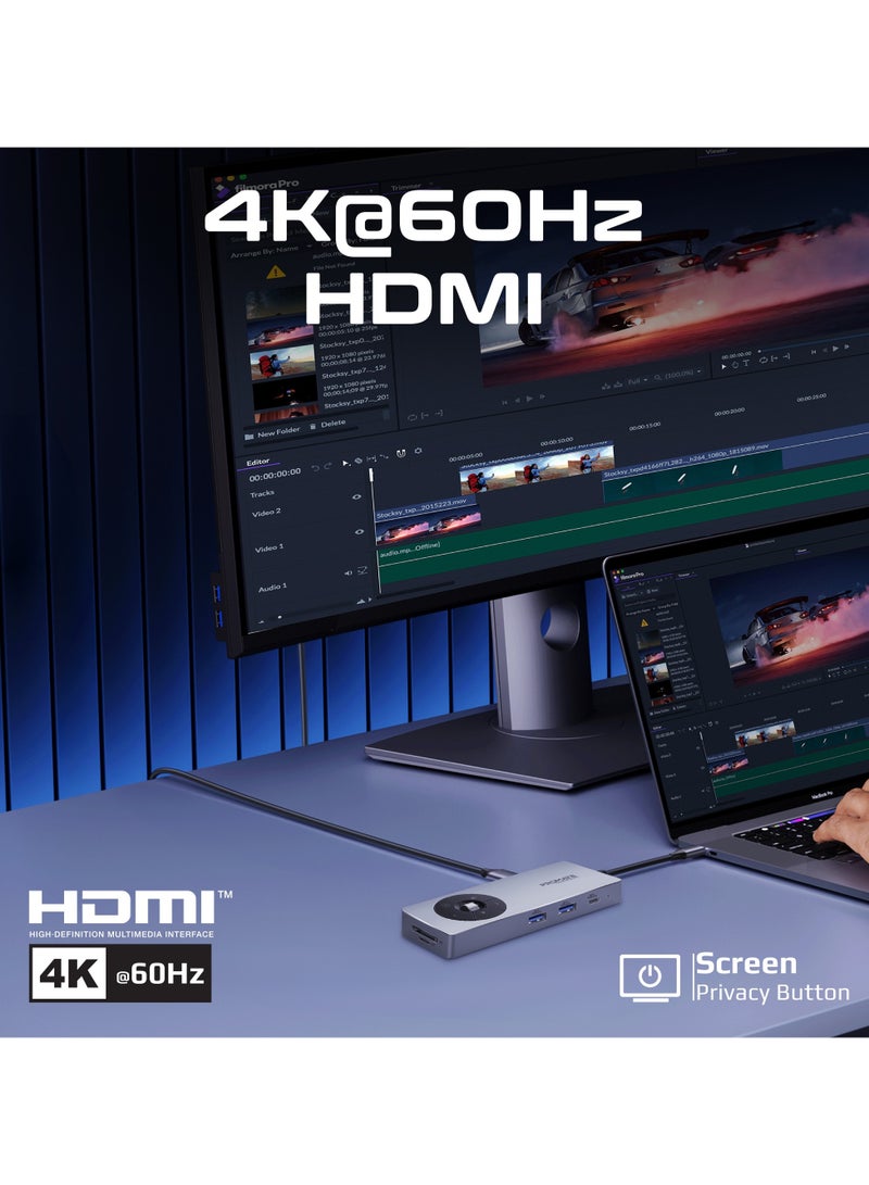 14-in-1 High Speed ​​Multiport USB-C Hub, Dual 5Gbps USB-C / A Ports, 100W USB-C Power Delivery, 1000Mbps Ethernet Port, 4K@60Hz HDMI Port With Control Button, SD/TF Card Slots Grey