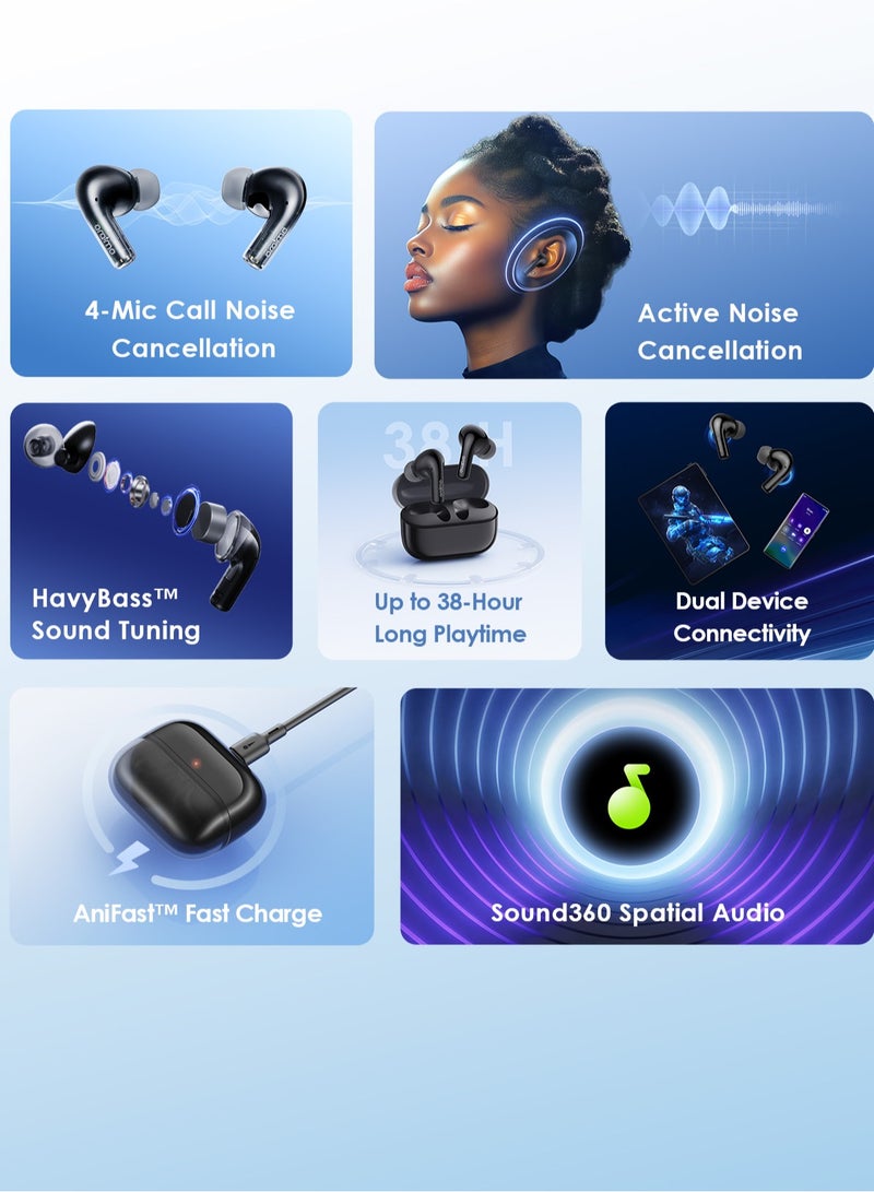 Oraimo SpaceBuds Z Active Noise Cancelling Bluetooth Earphones, Sound360 Spatial Audio True Wireless Earbuds,4 Mics for AI Clear Calls,38H Playtime,Dual Device Connectivity, Customization via App Blue  - Image 3