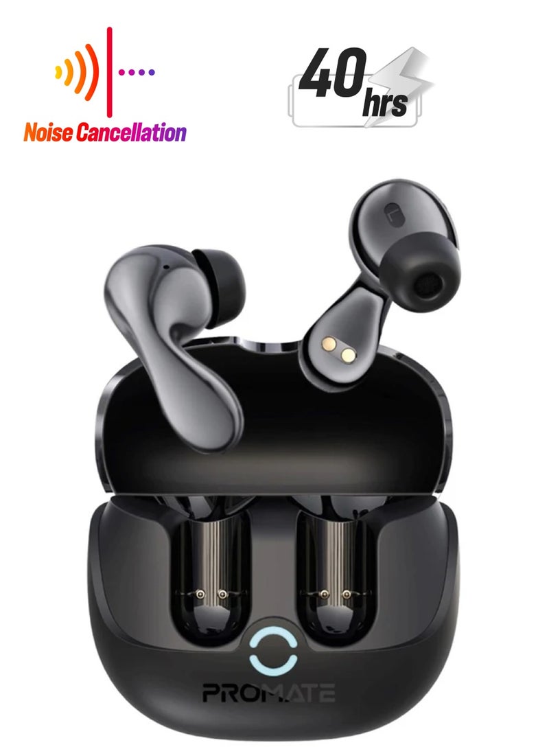 PROMATE High-Definition Hybrid True Wireless Earbuds with Active Noise Cancellation (ANC) and Environmental Noise Cancellation (ENC), Bluetooth 5.4, Low Latency, 4 Mics, 40Hrs Playtime, IPX4 Water-Resistance, Baton Black