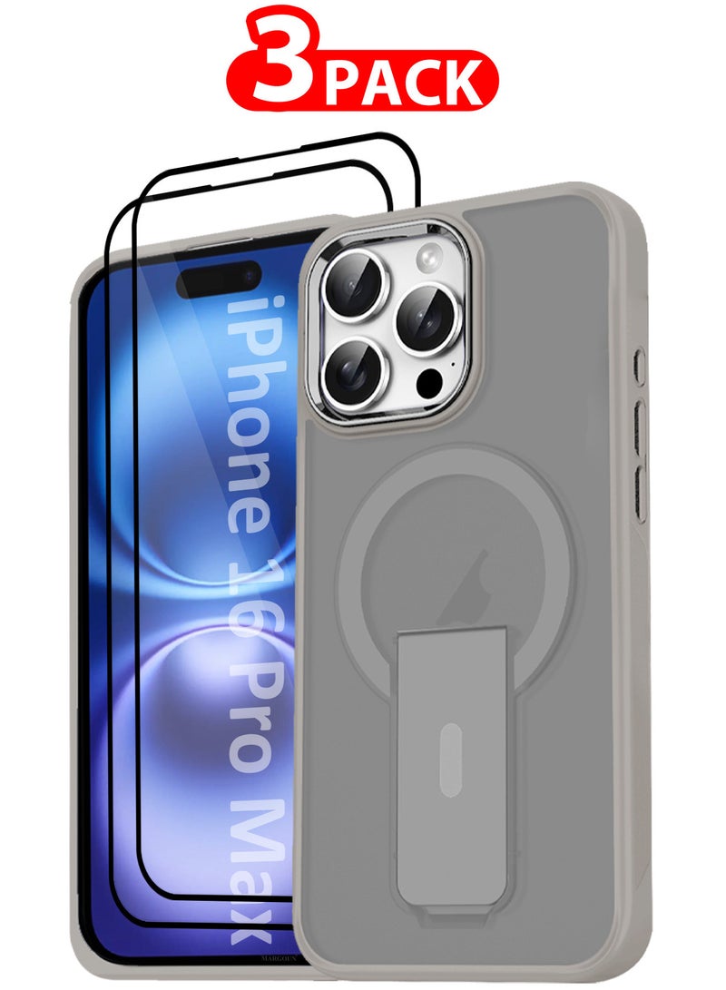 MARGOUN ( for iPhone 16 Pro Max ) 3 Pack, 1 Case and 2 Screen Protectors Magnetic Kickstand Cover with Screen Camera Protection Support Wireless Charging Cover Grey - Image 1