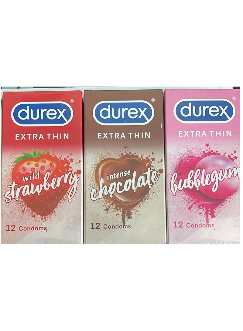 دوريكس 12-Piece Mix Flavored Bubblegum Chocolate Wild Strawberry Extra Thin Condoms pack of 3 Boxes