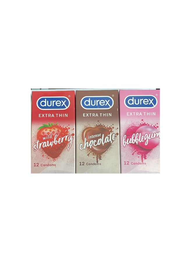 Durex 12-Piece Mix Flavored Bubblegum Chocolate Wild Strawberry Extra Thin Condoms pack of 3 Boxes