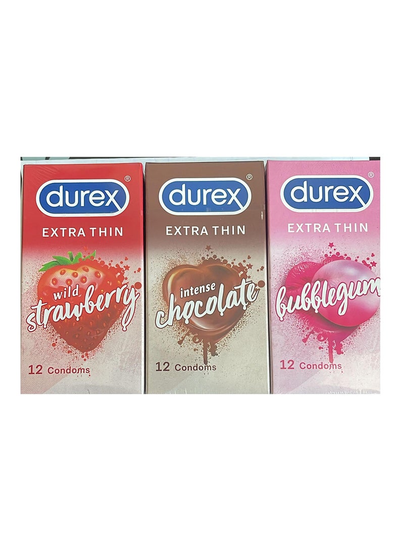 دوريكس 12-Piece Mix Flavored Bubblegum Chocolate Wild Strawberry Extra Thin Condoms pack of 3 Boxes