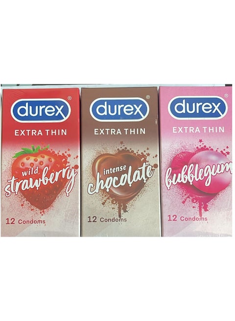 12-Piece Mix Flavored Bubblegum Chocolate Wild Strawberry Extra Thin Condoms pack of 3 Boxes