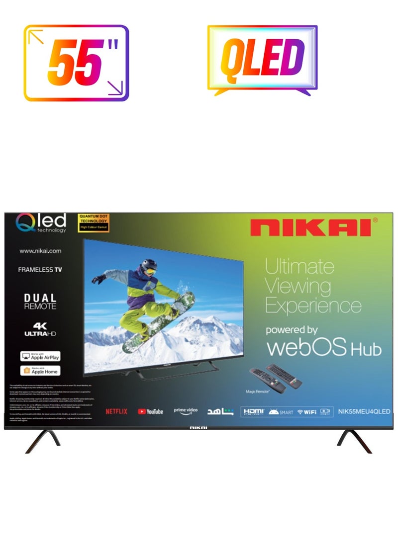 NIKAI - 55 Inch QLED WebOS 4K Smart UHD TV, Hands-Free Voice Control, Dolby Digital, Built-in Wi-Fi, Bluetooth, High Colour Gamut, Effortless Connectivity With Android & Apple Devices - NIK55MEU4QLED Black - Image 1