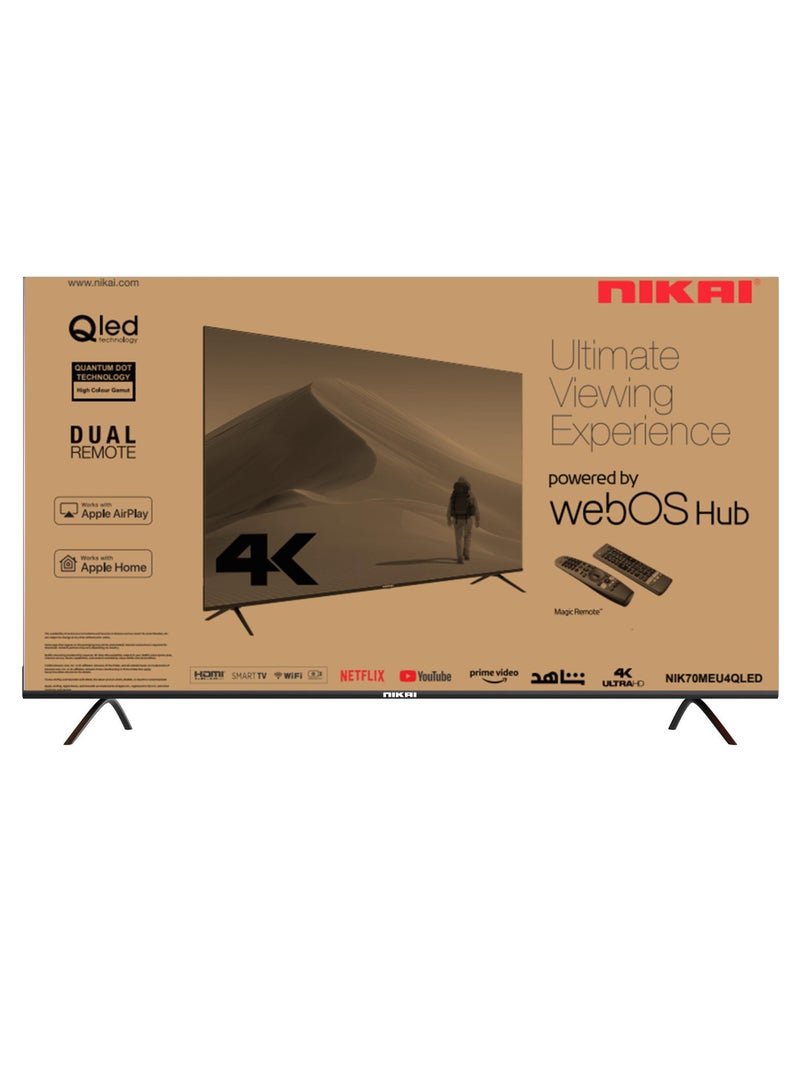 NIKAI 70 Inch QLED WebOS 4K Smart UHD TV, Hands-Free Voice Control, Dolby Digital, Built-in Wi-Fi, Bluetooth, High Colour Gamut, Effortless Connectivity With Android & Apple Devices, 60Hz, Model 2024, 2 Year Warranty, NIK70MEU4QLED Black - Image 1