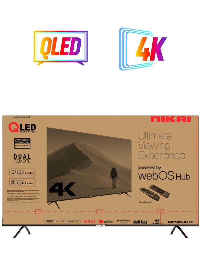 NIKAI 75 Inch QLED WebOS 4K Smart UHD TV, Hands-Free Voice Control, Dolby Digital, Built-in Wi-Fi, Bluetooth, High Colour Gamut, Effortless Connectivity With Android & Apple Devices - NIK75MEU4QLED Black  - Image 1