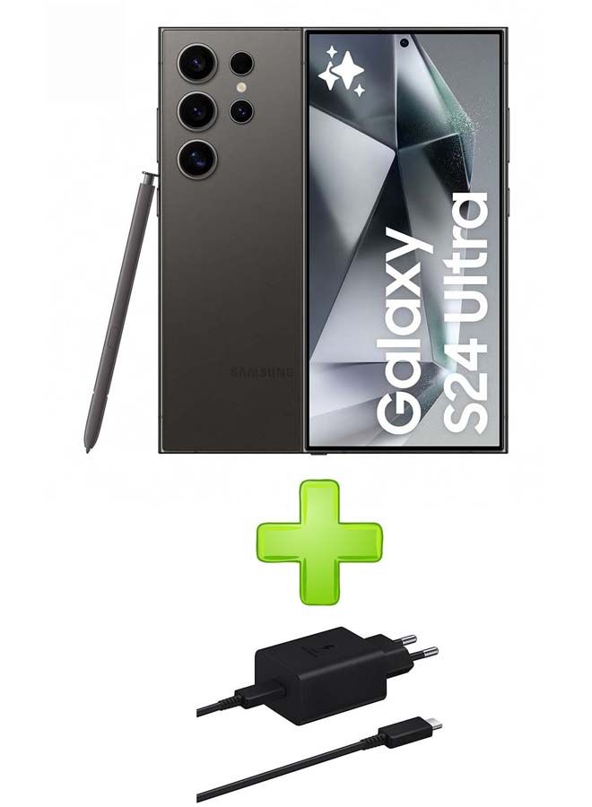 Samsung Galaxy S24 Ultra Dual SIM Titanium Black 12GB RAM 256GB 5G - Middle East Version With Free Gif Fast Charger Power Adapter 45W + Cable Black - Image 1