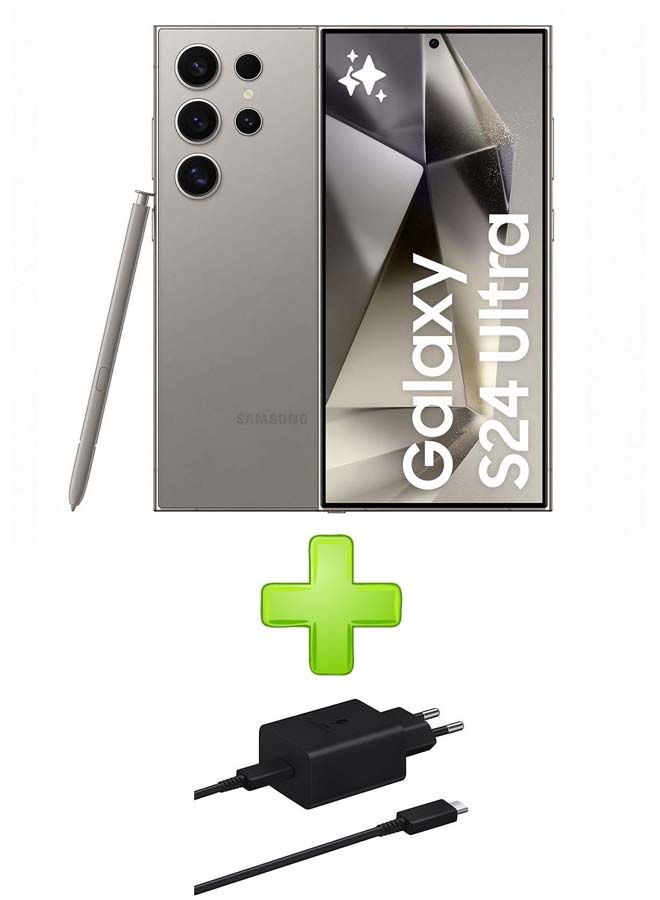 Samsung Galaxy S24 Ultra Dual SIM Titanium Gray 12GB RAM 256GB 5G - Middle East Version With Free Gif Fast Charger Power Adapter 45W + Cable Black - Image 1