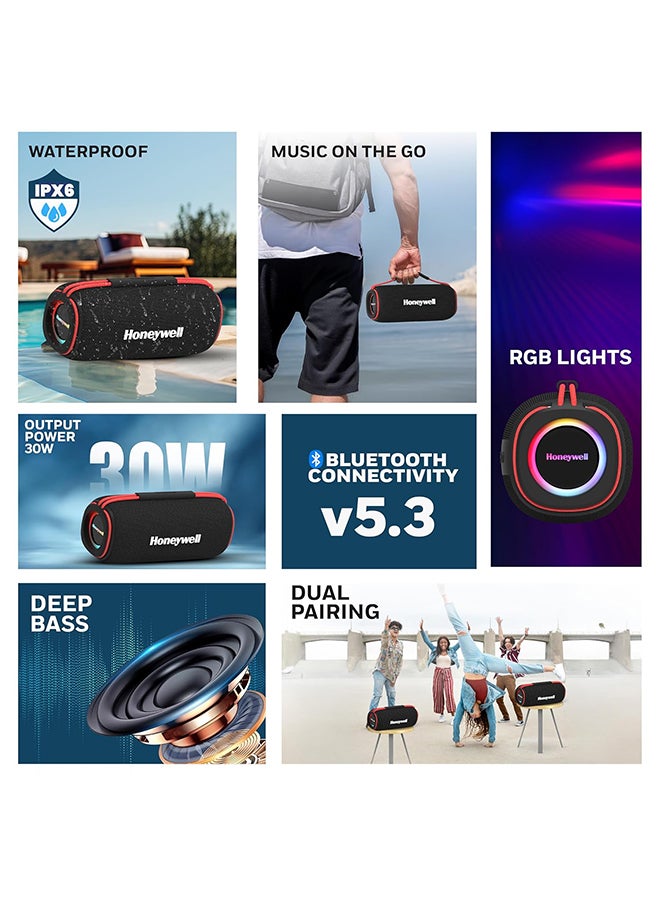 هوني ويل Trueno U400 30W 5.3 Bluetooth Speaker, Deep Bass Radiators, 15H Playtime, IPX 6, TWS Feature, RGB Lights, SD Card, AUX, USB Type-C Port, Built-In Mic & 2*78mm Drivers Black - Image 2
