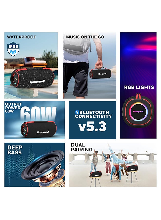 هوني ويل Trueno U500 60W 5.3 Bluetooth Speaker, Deep Bass Radiators, 18H Playtime, IPX 6, TWS Feature, RGB Lights, SD Card, AUX, USB Type-C Port, Built-In Mic & 2*93mm Drivers Black - Image 2
