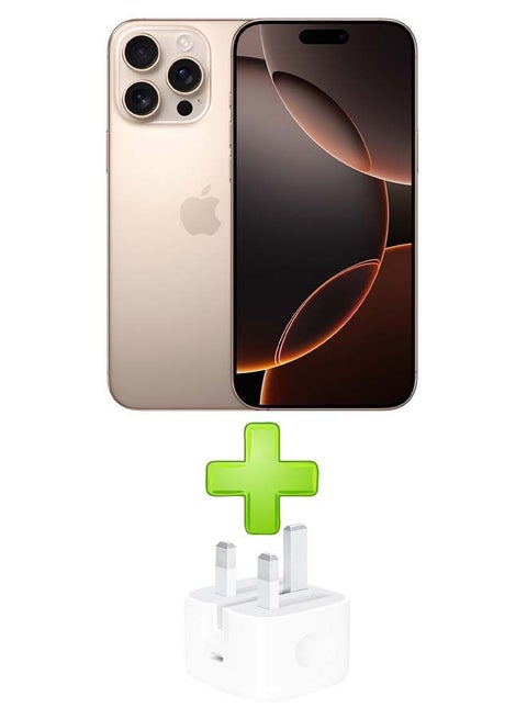 iPhone 16 Pro Max Physical Dual Sim 256GB Desert Titanium 5G Without FaceTime With Free Gift 20W USB-C 3-Pin Power Adapter White