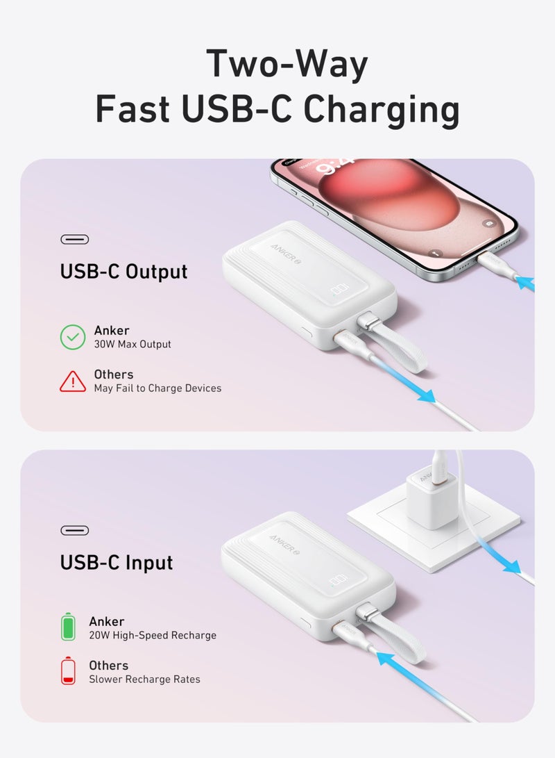 Anker - 10000 mAh 10000 mAh Zolo Power Bank, 30W High-Speed Portable Charger with Built-In USB-C Cable, Fast Charging Battery Pack for iPhone 16/16 Plus/16 Pro/16 Pro Max/15/14/13 Series, Galaxy, iPad, and More White - Image 1