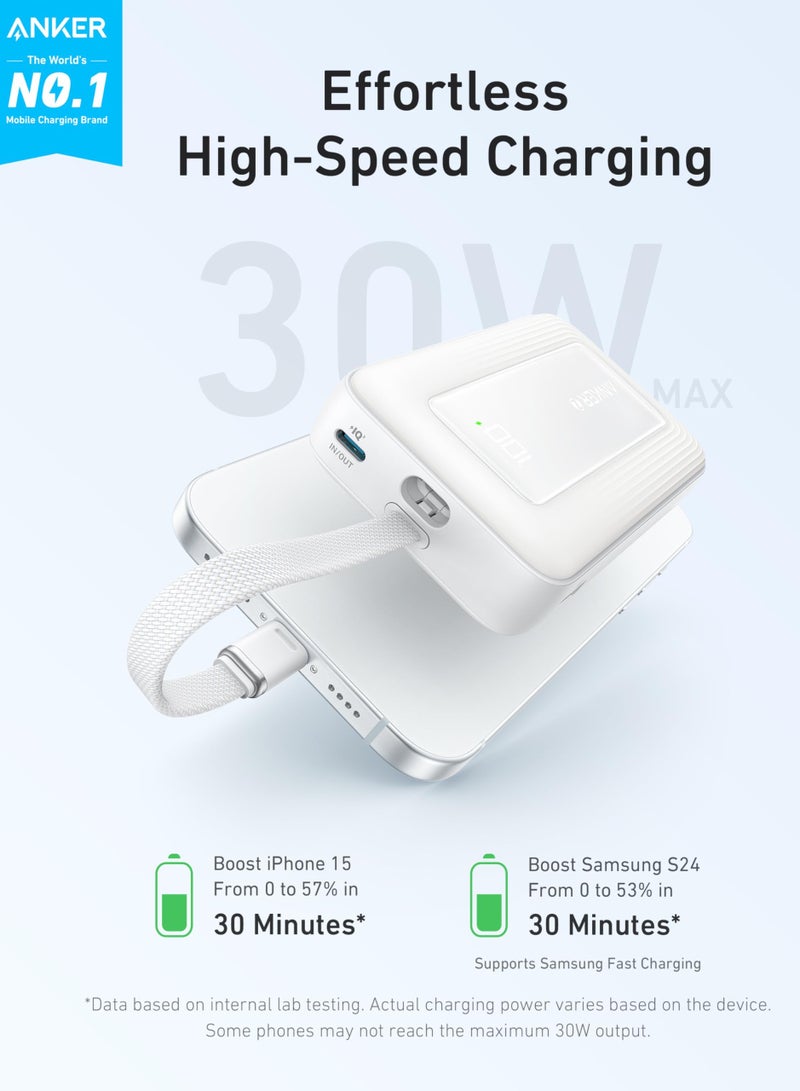 Anker - 10000 mAh 10000 mAh Zolo Power Bank, 30W High-Speed Portable Charger with Built-In USB-C Cable, Fast Charging Battery Pack for iPhone 16/16 Plus/16 Pro/16 Pro Max/15/14/13 Series, Galaxy, iPad, and More White - Image 1