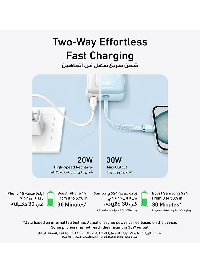 10000 mAh 10000 mAh Zolo Power Bank, 30W High-Speed Portable Charger with Built-In USB-C Cable, Fast Charging Battery Pack for iPhone 16/16 Plus/16 Pro/16 Pro Max/15/14/13 Series, Galaxy, iPad, and More White