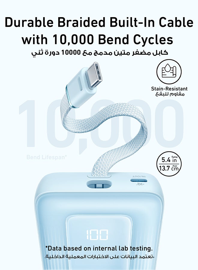 10000 mAh Zolo Power Bank, 10,000mAh 30W High-Speed Portable Charger with Built-In USB-C Cable, Battery Pack For iPhone 16/16 Plus/16 Pro/16 Pro Max/15 Series, Galaxy, and More BLUE