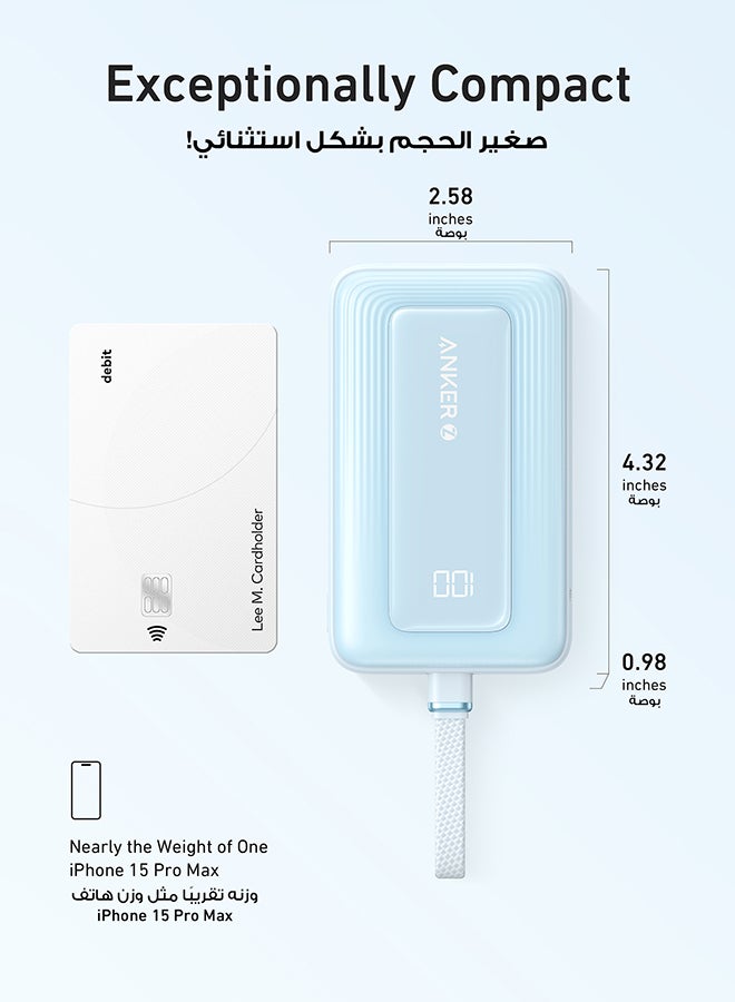 10000 mAh Zolo Power Bank, 10,000mAh 30W High-Speed Portable Charger with Built-In USB-C Cable, Battery Pack For iPhone 16/16 Plus/16 Pro/16 Pro Max/15 Series, Galaxy, and More BLUE