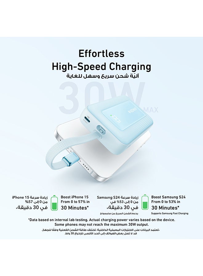 10000 mAh Zolo Power Bank, 10,000mAh 30W High-Speed Portable Charger with Built-In USB-C Cable, Battery Pack For iPhone 16/16 Plus/16 Pro/16 Pro Max/15 Series, Galaxy, and More BLUE
