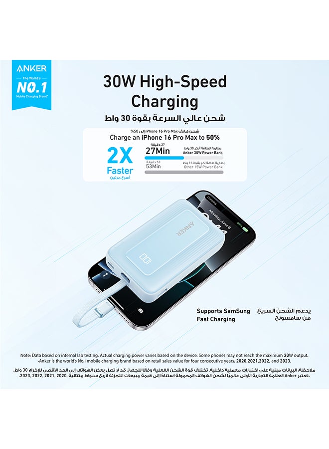 10000 mAh Zolo Power Bank, 10,000mAh 30W High-Speed Portable Charger with Built-In USB-C Cable, Battery Pack For iPhone 16/16 Plus/16 Pro/16 Pro Max/15 Series, Galaxy, and More BLUE