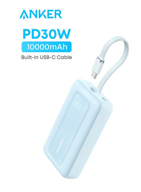 10000 mAh Zolo Power Bank, 10,000mAh 30W High-Speed Portable Charger with Built-In USB-C Cable, Battery Pack For iPhone 16/16 Plus/16 Pro/16 Pro Max/15 Series, Galaxy, and More BLUE