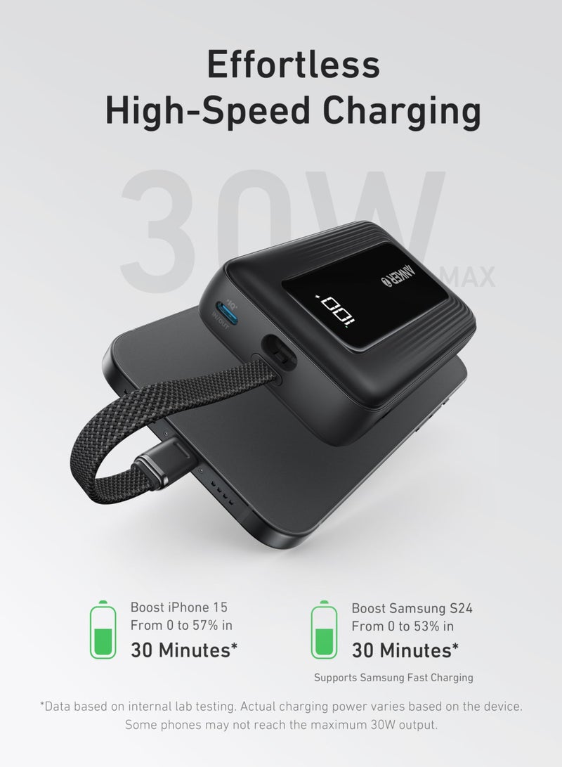 Anker - 20000 mAh Zolo Power Bank, 20,000mAh 30W High-Speed Portable Charger with Built-In USB-C Cable, Battery Pack For iPhone 16/16 Plus/16 Pro/16 Pro Max/15 Series, Galaxy, and More (20000 mAh) BLACK - Image 1