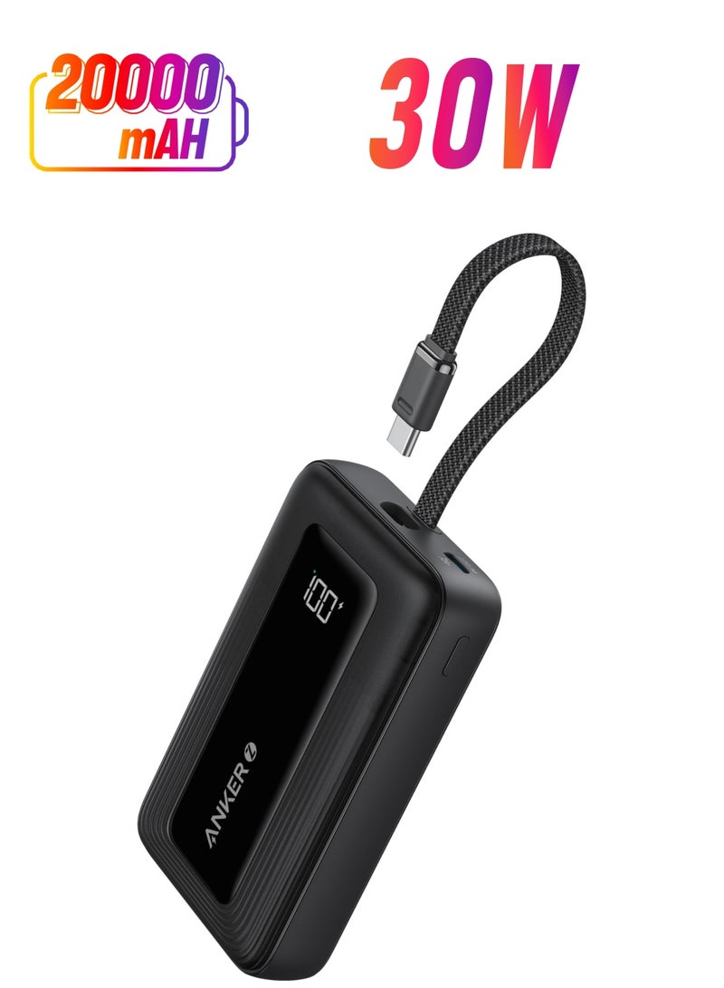Anker - 20000 mAh Zolo Power Bank, 20,000mAh 30W High-Speed Portable Charger with Built-In USB-C Cable, Battery Pack For iPhone 16/16 Plus/16 Pro/16 Pro Max/15 Series, Galaxy, and More (20000 mAh) BLACK - Image 1