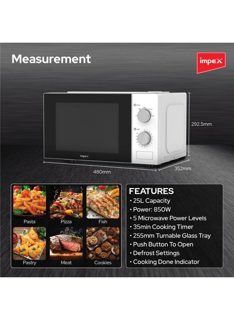 Impex - 25 Liter Microwave Oven, Manual Control,5 Microwave Power Levels And Timer function, Defrost function, Turntable Glass Tray, Cooking End Signal 25 L 850 W MO8125MW White/Black - Image 1