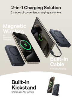 Baseus 10000 mAh 3-in-1 MagSafe Portable Charger, Qi2 Certified 15W Wireless Power Bank with Kickstand, Built-in Two-way USB-C Cable 45W, 10,000mAh Battery Pack, 30W USB-C Output, Magnetic Phone Battery Bank Compatible with iPhone 16/15/14/13/12, Samsung S24/S23/S22 & More Devices Black/Blue  - Image 3