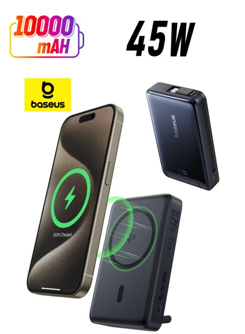 10000 mAh 3-in-1 MagSafe Portable Charger, Qi2 Certified 15W Wireless Power Bank with Kickstand, Built-in Two-way USB-C Cable 45W, 10,000mAh Battery Pack, 30W USB-C Output, Magnetic Phone Battery Bank Compatible with iPhone 16/15/14/13/12, Samsung S24/S23/S22 & More Devices Black/Blue