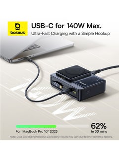 بيسوس 5-in-1 Desktop Charger with 100W USB-C Retractable Cable, 2 x 140W PD Type-C Ports, 1 x QC 3.0A USB Port, Qi2 15W Wireless Charging Compatible with iPhone 16/15/14/13/12 Series, MacBook Pro/Air, iPad Pro/Air, Samsung S24/23/Note Series, Air Pods, Switch, Steam Deck, and More Black / Blue  - Image 5
