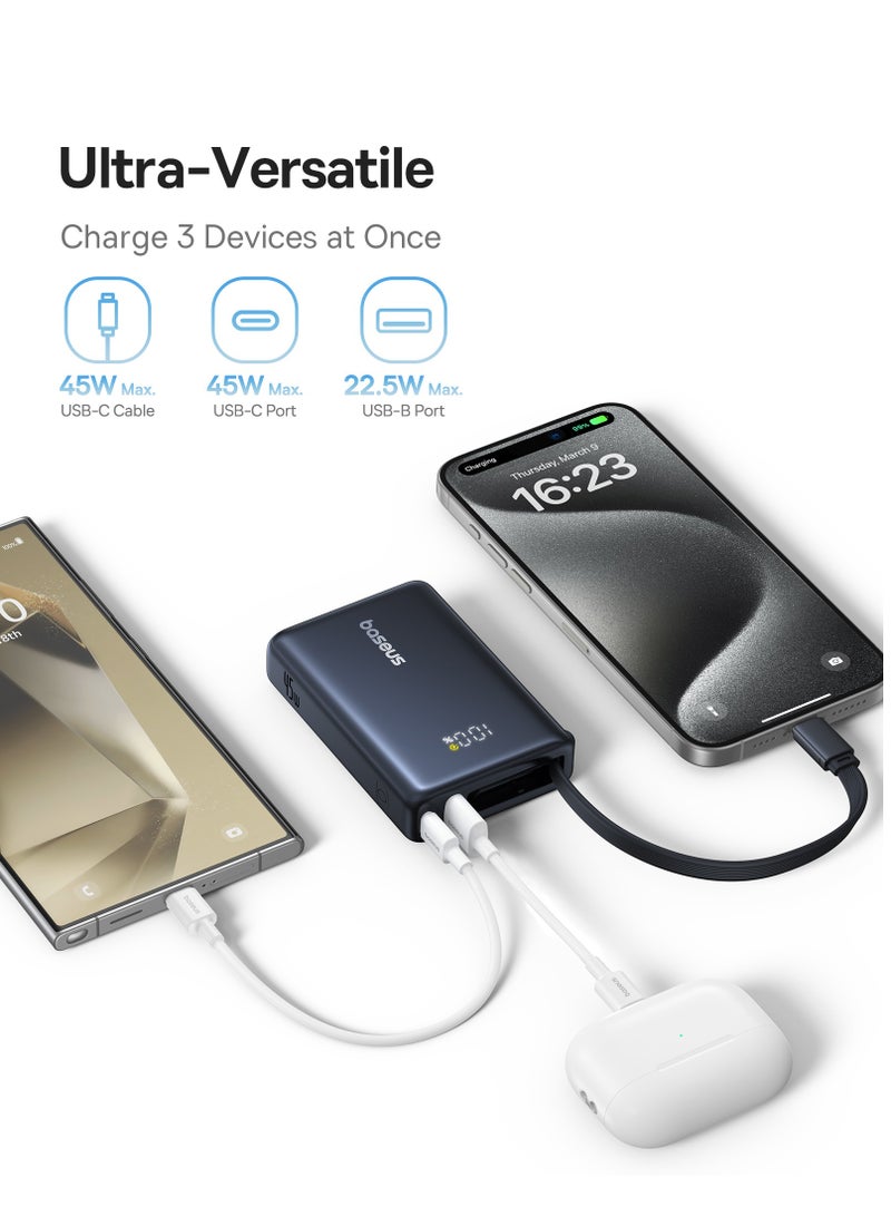 Baseus 10000 mAh Ultra-Compact Fast Charging Power Bank with Built-In 45W USB-C Cable, 45W USB-C Power Delivery Port, and 22.5W USB-A QC 3.0 Port for iPhone 16/15/14/12, Samsung S24/S23/S22, iPad Air/Pro, Microsoft Surface, MacBook Pro/Air 13”, Lenovo ThinkPad T14, Dell XPS 13 & More Black / Blue  - Image 4