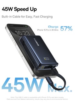 Baseus 10000 mAh Ultra-Compact Fast Charging Power Bank with Built-In 45W USB-C Cable, 45W USB-C Power Delivery Port, and 22.5W USB-A QC 3.0 Port for iPhone 16/15/14/12, Samsung S24/S23/S22, iPad Air/Pro, Microsoft Surface, MacBook Pro/Air 13”, Lenovo ThinkPad T14, Dell XPS 13 & More Black / Blue  - Image 2