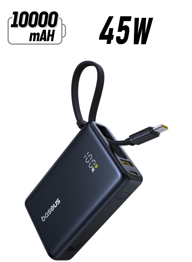 Baseus 10000 mAh Ultra-Compact Fast Charging Power Bank with Built-In 45W USB-C Cable, 45W USB-C Power Delivery Port, and 22.5W USB-A QC 3.0 Port for iPhone 16/15/14/12, Samsung S24/S23/S22, iPad Air/Pro, Microsoft Surface, MacBook Pro/Air 13”, Lenovo ThinkPad T14, Dell XPS 13 & More Black / Blue  - Image 1