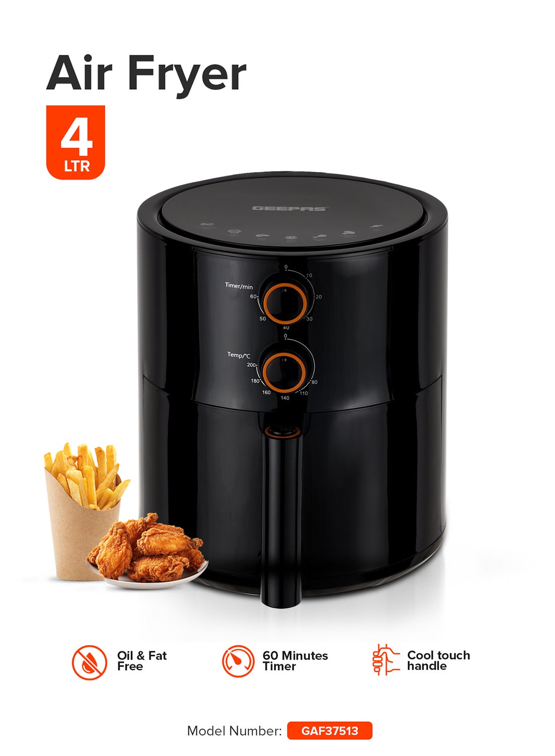 GEEPAS Air Fryer 4 L Pot| Non-Stick Coating with Vortex Frying Technology| Multiple Function, 1-60 Min Timer, Temperature 80-200 Degree Celsius| Ideal for Fries Steak Chicken Cake Meat Bread etc| 2 Years Warranty 4 L 1500 W GAF37513 Black 