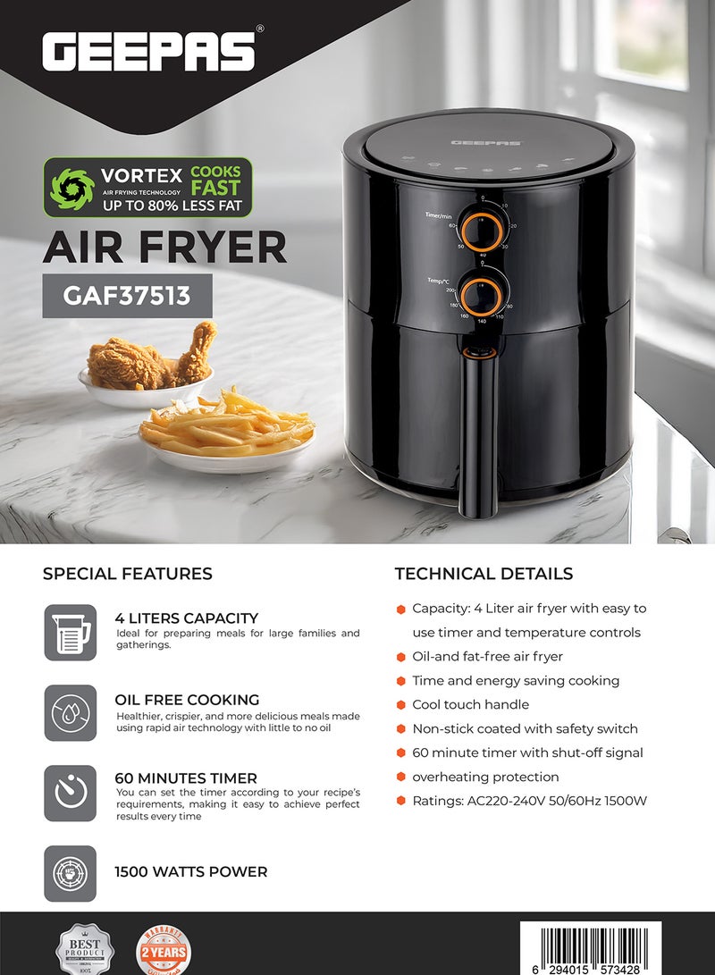 Air Fryer 4 L Pot| Non-Stick Coating with Vortex Frying Technology| Multiple Function, 1-60 Min Timer, Temperature 80-200 Degree Celsius| Ideal for Fries Steak Chicken Cake Meat Bread etc| 2 Years Warranty 4 L 1500 W GAF37513 Black - pnsku/N70122474V/45/_/1730467816/b3bb8b72-b4ff-4720-bff2-8308cd5e2c9d