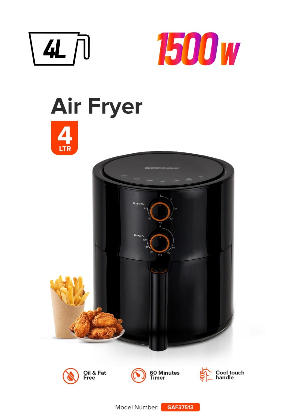 جيباس Air Fryer 4 L Pot| Non-Stick Coating with Vortex Frying Technology| Multiple Function, 1-60 Min Timer, Temperature 80-200 Degree Celsius| Ideal for Fries Steak Chicken Cake Meat Bread etc| 2 Years Warranty 4 L 1500 W GAF37513 Black 