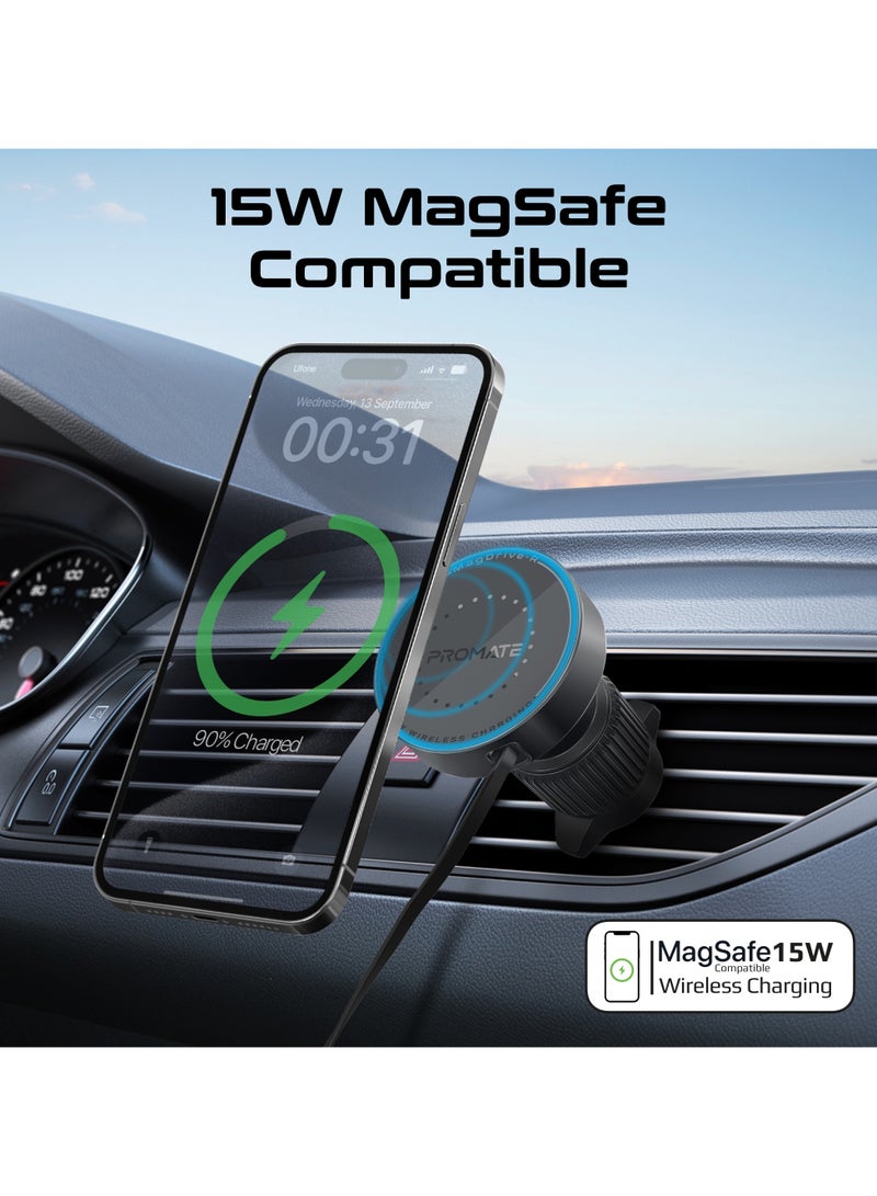PROMATE 15W MagSafe Magnetic Wireless Car Charger, Fast and Safe Charging with Retractable Cable Black  - Image 1