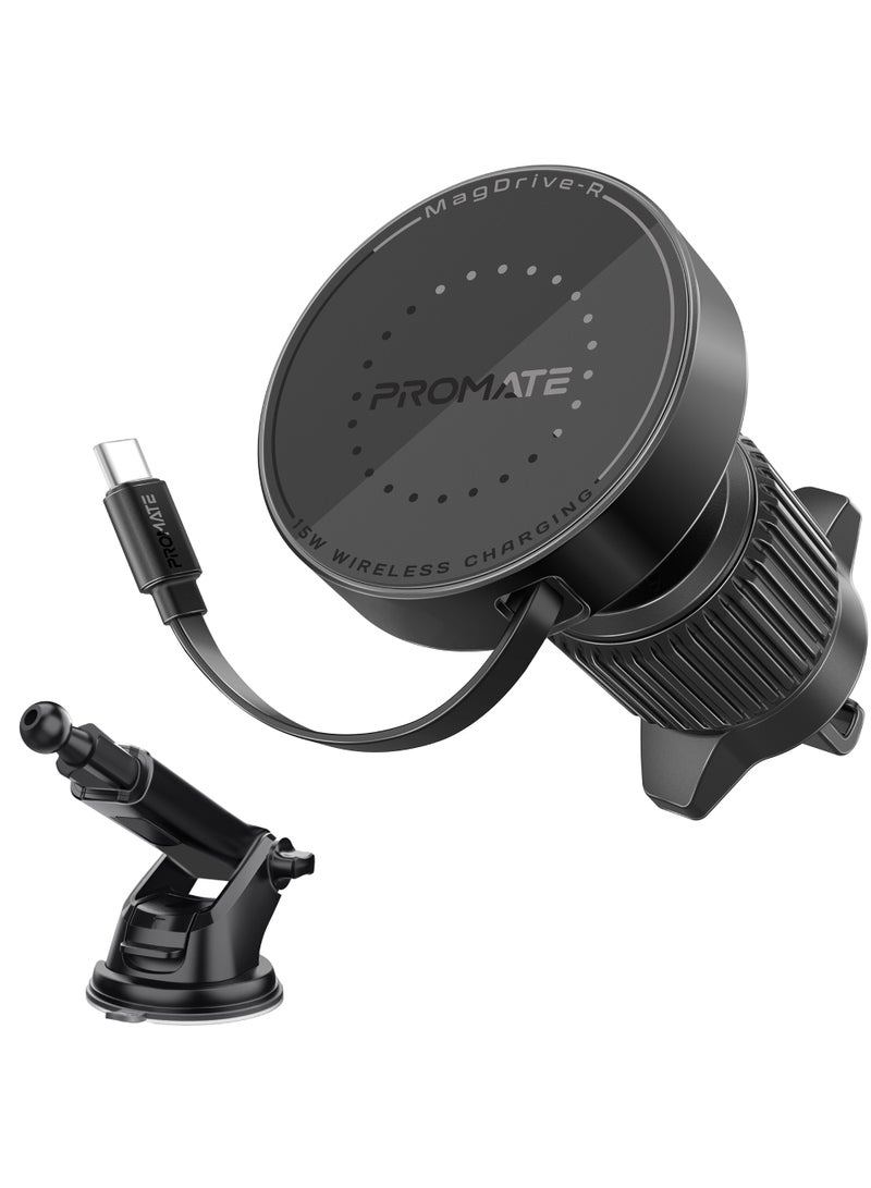PROMATE 15W MagSafe Magnetic Wireless Car Charger, Fast and Safe Charging with Retractable Cable Black  - Image 3