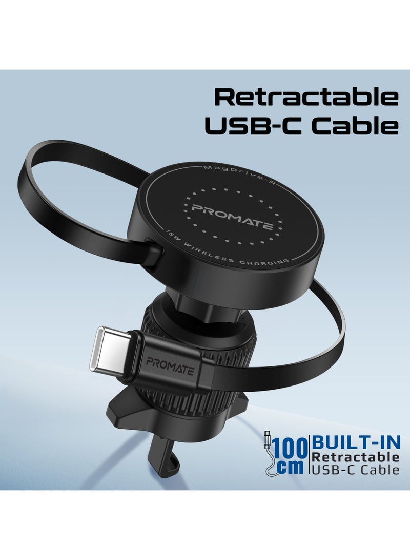 PROMATE 15W MagSafe Magnetic Wireless Car Charger, Fast and Safe Charging with Retractable Cable Black  - Image 2
