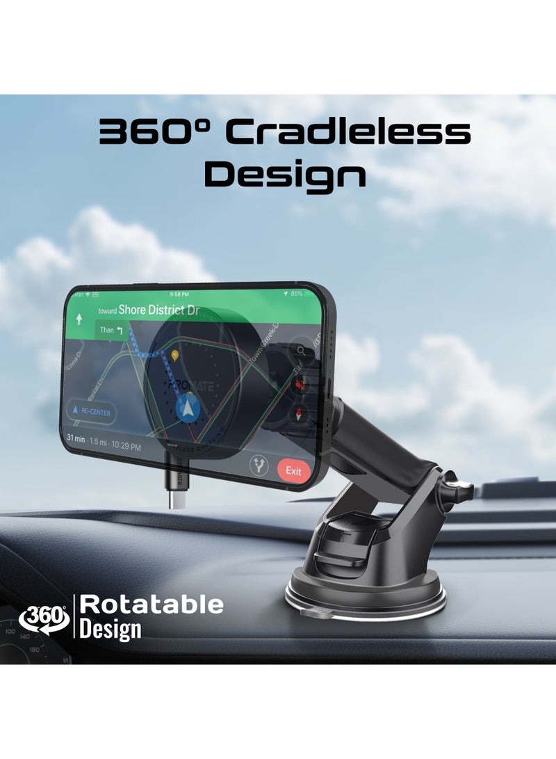 PROMATE 15W MagSafe Magnetic Wireless Car Charger, Fast and Safe Charging with Retractable Cable Black  - Image 5