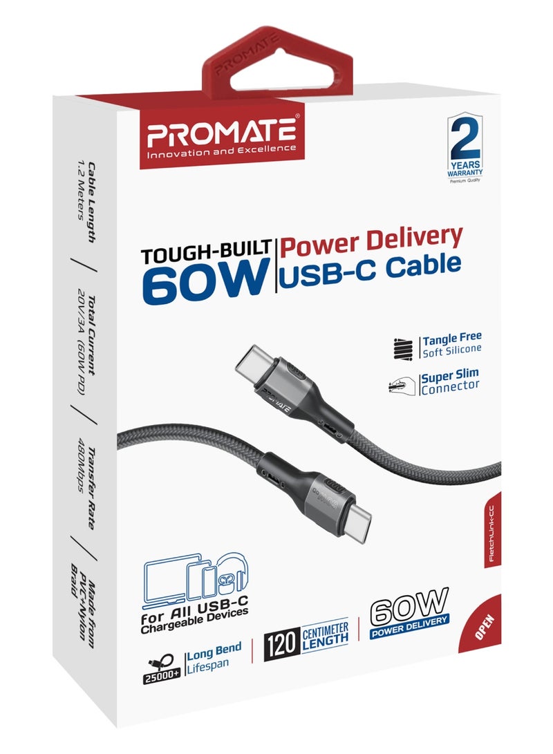 Powerful USB-C to USB-C Cable, 60W Fast Charging And Data Transfer, 480Mbps Speed, 120cm With Durable Materials, Sleek and Tangle-Free Design Black