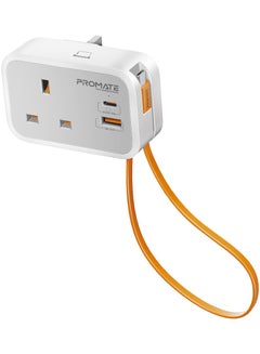 بروميت 6 in 1 Multi-Functional AC Socket Charger 3250 W with Built-in 20W Power Delivery USB-C Cable, 20W USB-C Port and 18W USB-A Port Supporting QC3.0 Fast Charging White  - Image 1