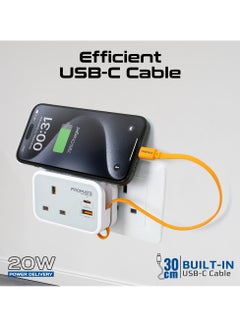 بروميت 6 in 1 Multi-Functional AC Socket Charger 3250 W with Built-in 20W Power Delivery USB-C Cable, 20W USB-C Port and 18W USB-A Port Supporting QC3.0 Fast Charging White  - Image 3