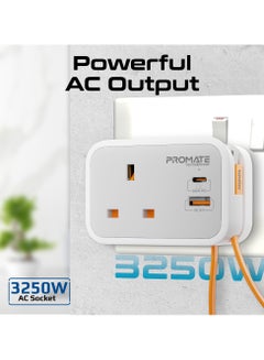 بروميت 6 in 1 Multi-Functional AC Socket Charger 3250 W with Built-in 20W Power Delivery USB-C Cable, 20W USB-C Port and 18W USB-A Port Supporting QC3.0 Fast Charging White  - Image 2