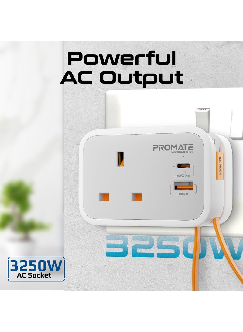 PROMATE - 6 in 1 Multi-Functional AC Socket Charger 3250 W with Built-in 20W Power Delivery USB-C Cable, 20W USB-C Port and 18W USB-A Port Supporting QC3.0 Fast Charging White - Image 1