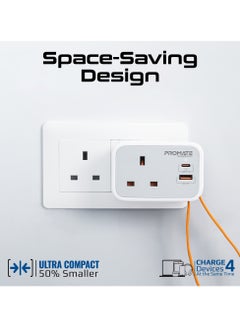 بروميت 6 in 1 Multi-Functional AC Socket Charger 3250 W with Built-in 20W Power Delivery USB-C Cable, 20W USB-C Port and 18W USB-A Port Supporting QC3.0 Fast Charging White  - Image 5